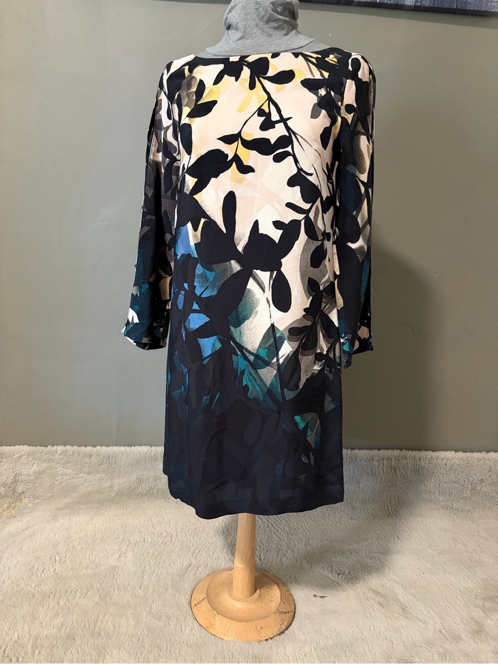 Maeve Anthropologie Floral Shift Dress XS Split Sleeve Teal Botanical